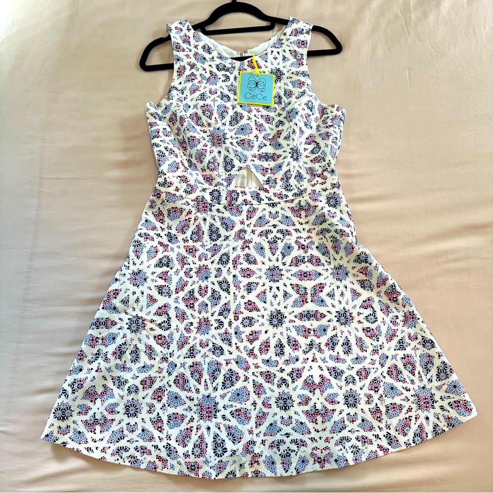 NWT CeCe Mosaic cutout fit and flare Red White and Blue dress